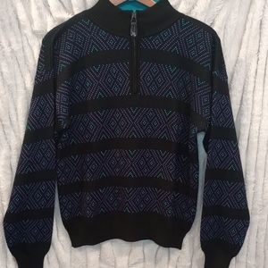 Kaelin Sweater Ski Knit 1/4 Zip Black Geometric Wool Blend Medium vintage